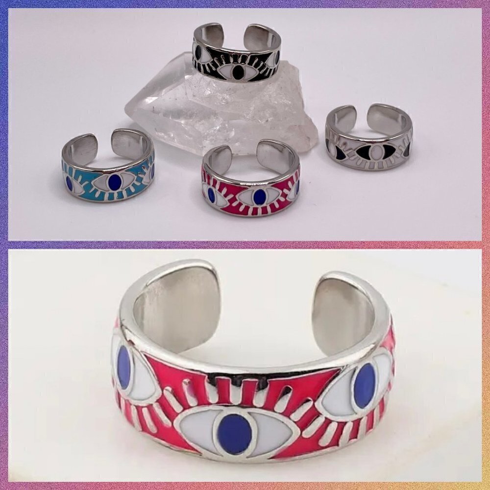Boho Evil Eye Enamel Adjustable Ring #1306 DK PINK